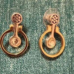 Gold-Tone Circular Drop Stud Earrings with Clear Crystal Accent